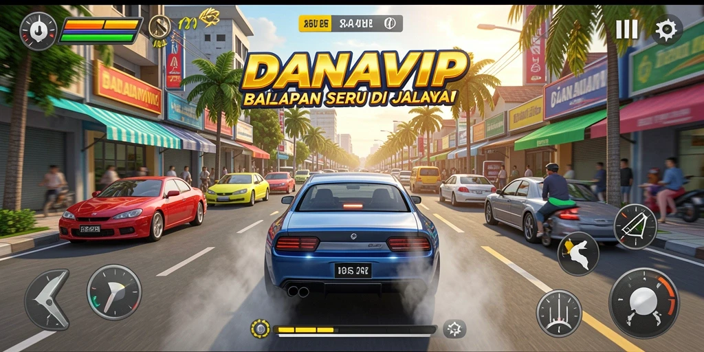 Tampilan gameplay menarik dari DANAVIP yang menampilkan aksi balapan seru.
