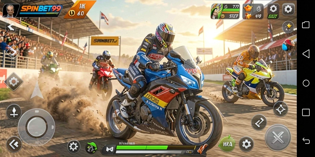Tampilan gameplay SPINBET99 dengan aksi balapan motor yang menegangkan.